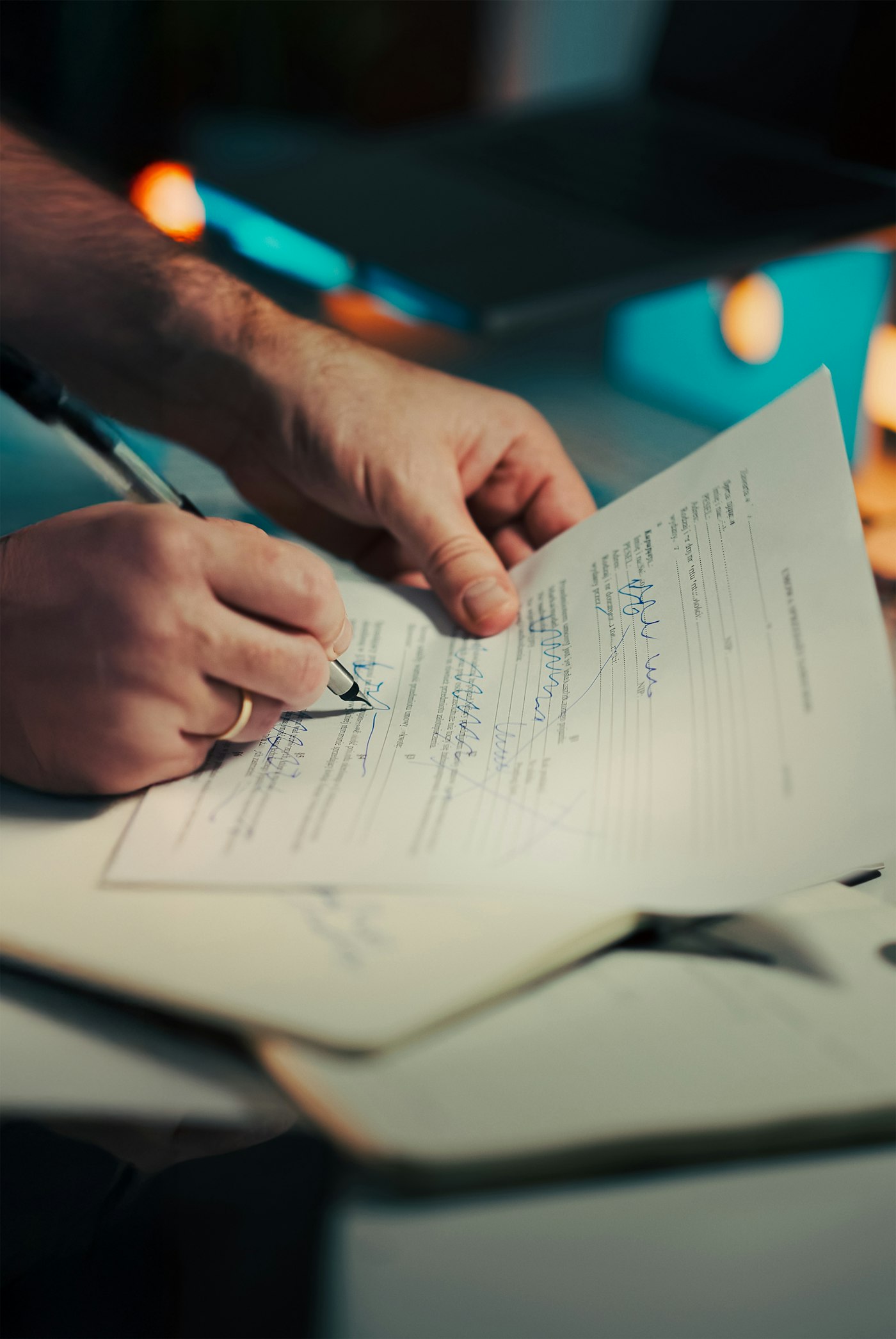 A person signing a document with a fountain pen